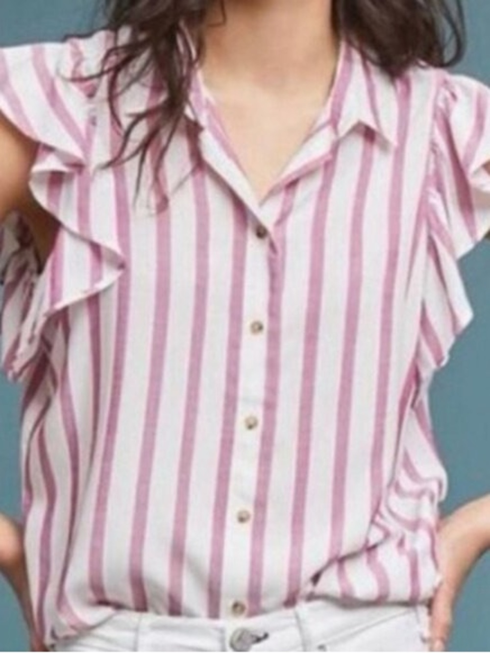 Anthropologie Maeve Fairbope Striped Ruffle Sleeve Button-Up Top Small